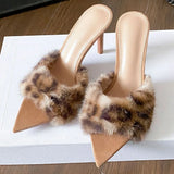 KYLETHOMASW  -  Summer Women's Furry Fur High Heels Mules Sandals Pointed Toe Slip On Stiletto Slipper Ladies Sexy Party Dress Heeled Sandals