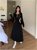 KIylethomasw Autumn Korean Version of the Fashion Medium-length Large Size Women's Long-sleeved High-waisted Slim Temperament Black Dresses