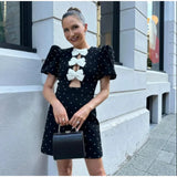 Kylethomasw  Bow Hollow Out Red Black Mini Dress Women Sexy Puff Sleeve O-neck Party Dresses 2024 Summer New Elegant Shinny Robe Vestidos