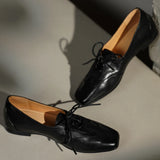 KYLETHOMASW  -  Women's genuine leather patchwork square toe lace-up flats loafers high quality soft comfortable casual female daily shoes woman