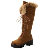 KYLETHOMASW  -  Lace-up Winter Shoes Women Snow Boots Real Fur Boots Women Knee High Suede Thick Heel Warm Outdoor with Zip Big Size 43