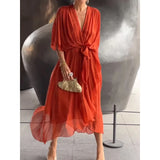 KYLETHOMASW  -  Solid Color Sash Long Dress Bat Sleeve Irregular Hemline Maxi Dress Plus Size