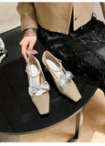 KYLETHOMASW  -  Elegant Bow Decoration Chunky Heel Pumps Women Luxury Rhinestone Ankle Strap Square Toe High Heels Fashion Wedding Bride Shoes