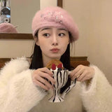 KYLETHOMASW  -  K-pop Girls Group  Rhinestone Rabbit Hair Beret Women's Autumn/Winter Plush White Knitted Beret Fashion FemaleTrendy Accessories