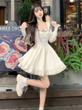 KYLETHOMASW  -  Sweet Apricot Short Dresses for Women Flare Sleeves Square Collar Ruffles A-line High Waist Korean Fashion Mini Vestidos Mujer