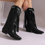 KYLETHOMASW  -  Women Fringe Western Boots Pink Sweet Embroidered Boots Brown Tassels Block Medium Heels Shoes Plus Size 48 Lady Winter