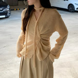 Kylethomasw V-neck Single-breasted Pleated Casual Long-sleeved Cardigan Women Autumn New High Street Pleated Lace-up Solid Color Tops