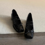 KYLETHOMASW  -  Women Genuine Leather Bow Decorated Flat Shoes with Cross Straps Thick Heels Mary Jane Shoes Shallow Mouth Comfortable Loafers