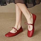 KYLETHOMASW  -  Women's Bow Square Toe Mary Jane Flat Shoes Genuine Soft Leather Low Heel Soft Sole Silver Spring Summer New Style