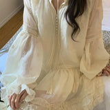 KYLETHOMASW  -  Summer New Loose Long-sleeved Embroidered Fungus Edge Tie-neck Shirt Skirt Summer