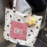 KYLETHOMASW  -  Fashion Cartoon Cat Printing Patchwork Plaid Pocket Shoulder Bags Casual Shopping Contrast Color Handbags Women Y2k Underarm Bag