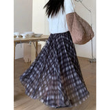 KYLETHOMASW  -  Vintage Plaid Midi Skirt Women Fashion Harajuku Mesh Patchwork Pleated Skirts Summer Streetwear Korean A Line Faldas New