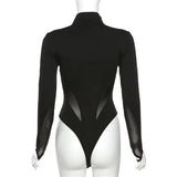 Kylethomasw Sexy Wild Women Bodysuit Long Sleeve See Through Skinny Mesh Patchwork Vacation Party Club Streetwear Bodycon Tops Black