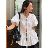 KYLTHOMASW  -  Casual All-match O-neck Lace Up Blusas Mujer 2024 Summer New Ruched Shirts Women Y2k Puff Sleeve White Loose Blouses