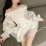KYLETHOMASW  -  Dresses Women Sweet Sexy Halter Sleeveless Bow Slash Neck Off Shoulder Ruffles Bandage Flare Long Sleeve Party Dress