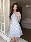 KYLETHOMASW  -  Retro Two-piece Contrasting Plaid Dress Women Summer New Style Temperament Lace Up Bubble Sleeve Short Dresses