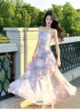 KYLETHOMASW  -  Women's Elegant Lavender Floral Tiered Dress Summer Spaghetti Strap Ruched Asymmetric Ruffle Tulle Long Dress Beach Vacation