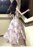KYLETHOMASW  -  Women's Elegant Lavender Floral Tiered Dress Summer Spaghetti Strap Ruched Asymmetric Ruffle Tulle Long Dress Beach Vacation