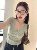 Kylethomasw Elegant Lace Tops for Girls Y2k Bow V-neck Short Sleeve T-shirts Women Korean Fashion Summer Kawaii Cutecore Tights Tees