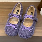 KYLETHOMASW  -  Elegant Purple Fluffy Warm Ballet Flats Women Fall Winter Bow Design Flat Loafers Comfortable Soft Sole Mary Jane Shoes