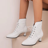 KIylethomasw White Red Women Victorian Pointed Toe Ankle Boots PU Leather Embroidered Laces Punk Cross-tied Kitten High Heel Shoes Plus Size