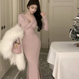 KYLETHOMASW  -  Sweet Hot Girl Sexy V-neck Twisted Dress Women's Autumn Lace-up Slim Fit Hip Wrapped Mermaid Long Dress Fashion Female Clothes