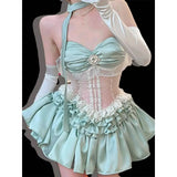 KYLETHOMASW  -  Mint Green Waist Corset Lace Spliced Strapless Dress for Women Summer New Spicy Girl High Waist Slimming Puffy Cake Mini Dress