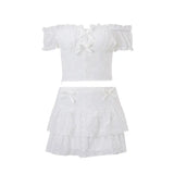 KYLETHOMASW  -  Sexy Set Women's Summer Bow Off Shoulder Short-sleeved Top A-line Short Skirt Two-piece Set Fashion Female Clothes