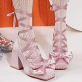 KYLETHOMASW  -  Sweet Cross Strap Ballet Style High Heels Women Spring Autumn Women Shoes Elegant Square Toe Satin Lolita Pumps Single Shoes