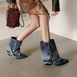 KYLETHOMASW  -  Designer Lapel Denim Women Ankle Boots Autumn and Winter Pointed Toe Korean Version Cowboy Boots Sexy Hottie Short Single Botas
