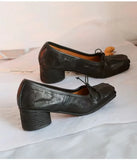 KYLETHOMASW  -  Retro Square toe folding Bowknot Soft Leather Women Pumps Ballet Style Thick High heels Casual Chunky Loafer Shoes