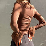 KYLETHOMASW  -  Socialite temperament retro brown V-neck lace ruffle slim fit long sleeved autumn slimming top with flared sleeves inside