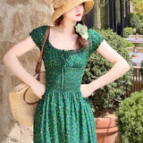 KYLETHOMASW  -  Green Floral Print Long Dresses Spring Summer French Style Vintage Women Dress Elegant Fashion Spring Summer Vestidos Mujer