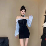 KYLETHOMASW  -   Sweet Hot Girl Pleated Lace-up Off Shoulder Dress for Women's Autumn Slim Fit Bubble Sleeve Patchwork Dress Female Clothes