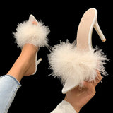KYLETHOMASW  -  41-43 big size fur sandals high heels transparent slippers women brand designer feather sandalias mujer pointy open toe slides
