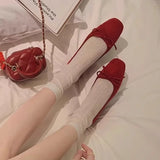 KYLETHOMASW  -  Women Suede Bow Ballet Style Flat Shoes Square Toe Shallow Mouth Loafers Shoes Outdoor Comfortable Women Shoes Fashionable