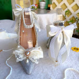 KYLETHOMASW  -  Original Handmade Lolita Shoes Flower Wedding Gorgeous High Heels Loli Sparkling Pearl Bow Princess Pumps Wedding Shoes Bride
