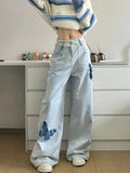 Kylethomasw Blue Jeans Plus Size Women Y2k Fashion Loose Butterfly Patchwork Causal High Waist Denim Pants Streetwear Retro Bottoms