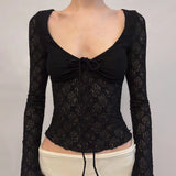 KYLETHOMASW  -  French Lace Patchwork V Neck Long Sleeve Slim Solid Y2k Streetwear Knitted T-Shirts