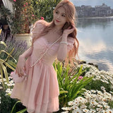 Kylethomasw French First Love Pink Heart Neck Bubble Sleeve Dress for Women's 2024 Summer New Princess Beach Resort Beach Skirt