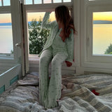 KYLETHOMASW  -  Bowknot Print Loungewear Comfy Soft Button Up Blouse Tops + Long Pants Women Autumn 2 Piece Set Sleepwear Cute Pajama Suit
