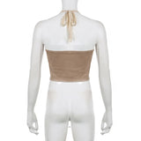 KYLETHOMASW  -  Western retro suede lace patchwork strap irregular short top American spicy girl niche sexy hanging neck vest