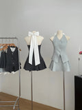 KYLETHOMASW  -  Summer Women Old Money Design Vintage Rave Vacation Outfits 2 Piece Set Backless Bow Vest + A-line Mini Pleated Skirts Elegant