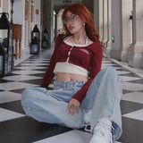 KYLETHOMASW  -  Women's Letter Print Crop Tops, Y2K T-shirt, Long Sleeve, Fake Two-Piece Streetwear, Grunge Clothes, Korean Fashion, Hot Girl