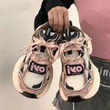 KYLETHOMASW  -  Pink White Chunky Dad Sneakers Women Black Accent Mesh Lace Up Thick Sole Casual Shoes Streetwear Daily Korean Sporty Fashion