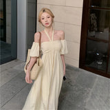 KYLETHOMASW  -  Sweet Hot Girl Sexy Halter Neck One-shoulder Dress Summer New Waist-hugging Slimming Short Sleeves Backless A-line Skirt