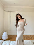 KYLETHOMASW  -  French Vintage Women Beige Elegant Square Neck Fishtail Evening Party Dresses Autumn Long Sleeve Vacation Pleated Wrap Hip Dress