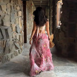 KYLETHOMASW  -  Chic Vintage Women's Pink Floral Print High Low Maxi Skirt Ruffle Layered Hem Boho Wedding Summer Beach Vaction Fashion Skirts