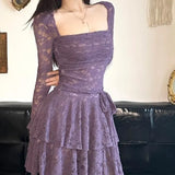 KIylethomasw Lace Causal Women Dress Square Collar Slim Waist Tunic  All Match Dresses Y2k Aesthetic Sexy Fashion Elegant Vestidos