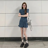 KYLETHOMASW  -  Denim Dress for Women Stand Collar Bow Bubble Short Sleeve Dresses Blue A-line Korean Fashion Retro Mini Skirts Female Clothes